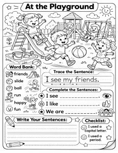 Sentence Writing Practice for Kindergarten | Trace, Complete & Write | 40 Themed